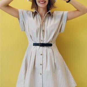 Anthropologie Beige and White Striped Midi Shirt Dress with Black Belt